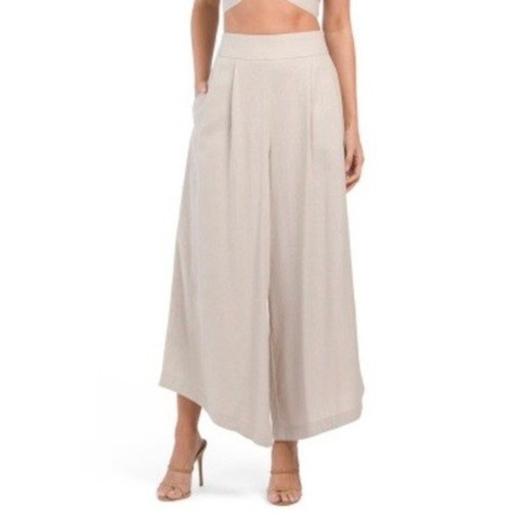 7 For All Mankind Linen Blend Wide Leg High Rise Pleated Pants Beige Size Large